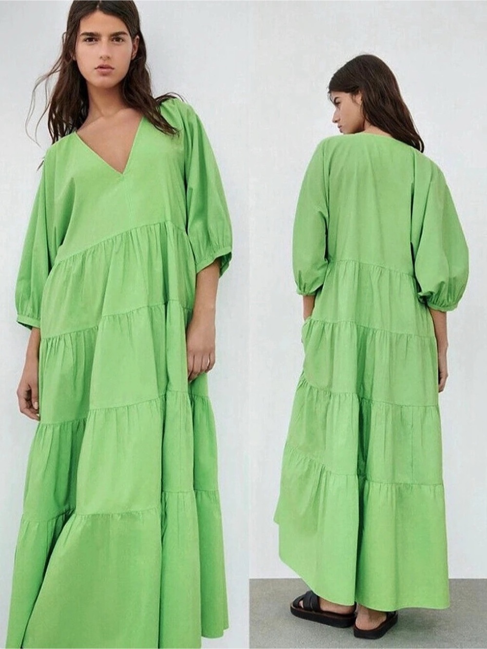 Zara Green Tiered Poplin Midi Dress Tiered Maxi Dress in Green Size Medium